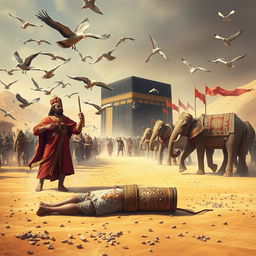 A grand scene depicting the historical moment of Abraha's army marching towards the Kaaba, with the backdrop of the sacred Kaaba in the desert