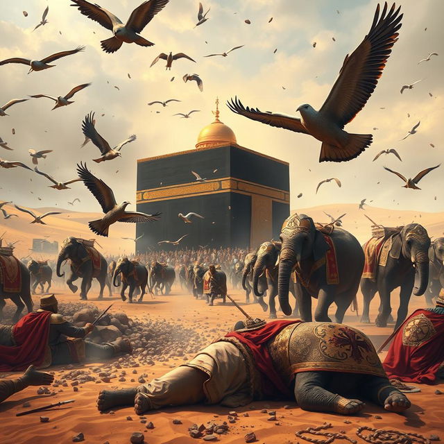 A grand scene depicting the historical moment of Abraha's army marching towards the Kaaba, with the backdrop of the sacred Kaaba in the desert