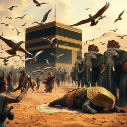 A grand scene depicting the historical moment of Abraha's army marching towards the Kaaba, with the backdrop of the sacred Kaaba in the desert