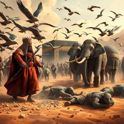A grand scene depicting the historical moment of Abraha's army marching towards the Kaaba, with the backdrop of the sacred Kaaba in the desert
