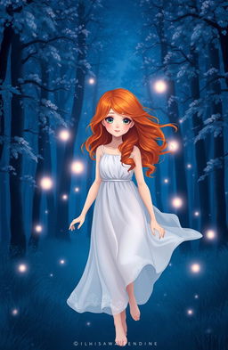 A beautiful red-haired girl walking through a dark blue forest, surrounded by ethereal, dream-like scenery