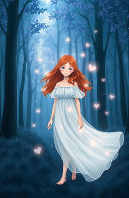 A beautiful red-haired girl walking through a dark blue forest, surrounded by ethereal, dream-like scenery