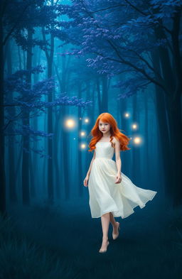 A beautiful red-haired girl walking through a dark blue forest, surrounded by ethereal, dream-like scenery