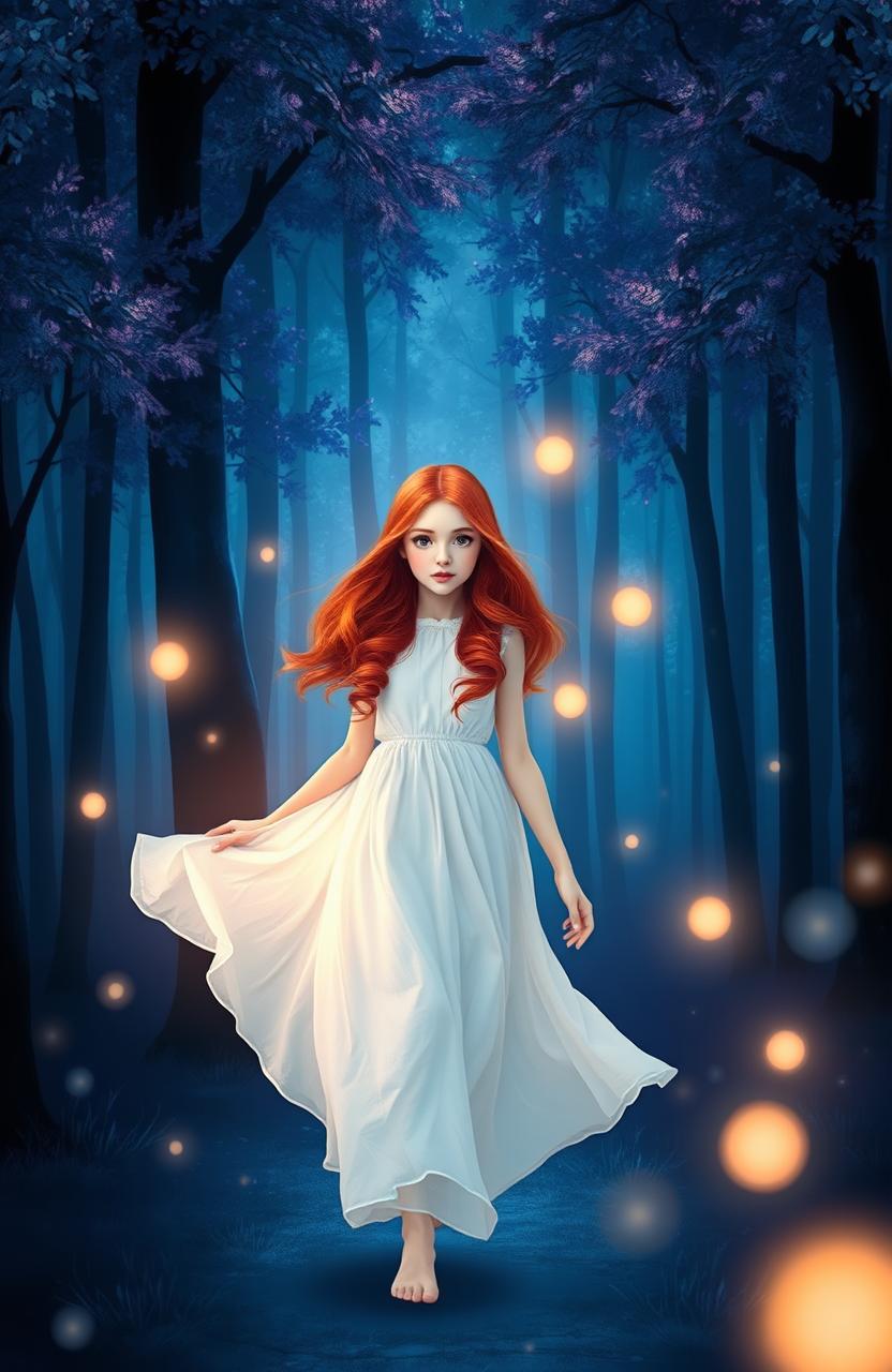 A beautiful red-haired girl walking through a dark blue forest, surrounded by ethereal, dream-like scenery