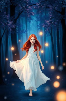 A beautiful red-haired girl walking through a dark blue forest, surrounded by ethereal, dream-like scenery