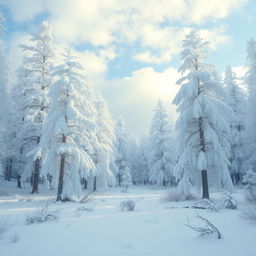 A frozen forest landscape blanketed in snow, featuring towering trees covered in white frost