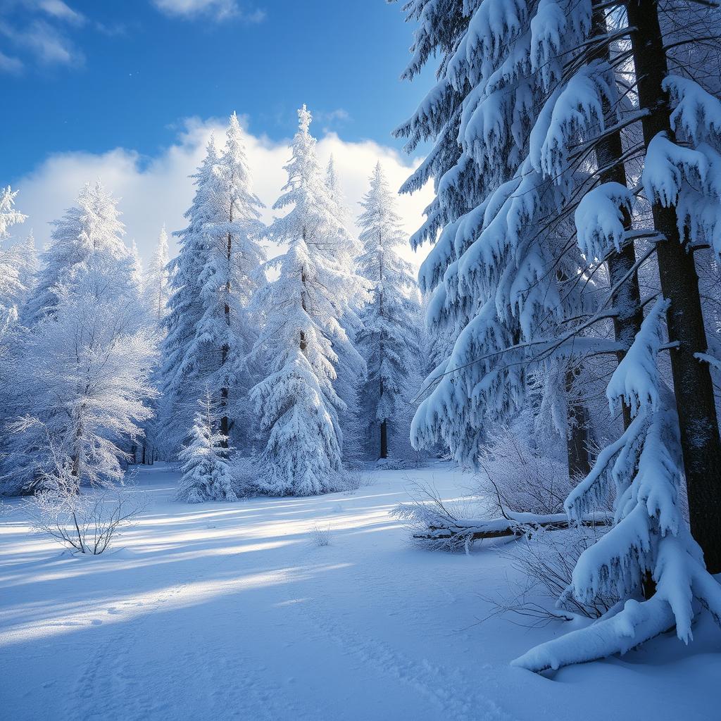 A frozen forest landscape blanketed in snow, featuring towering trees covered in white frost