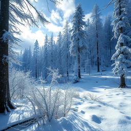 A frozen forest landscape blanketed in snow, featuring towering trees covered in white frost