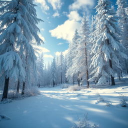 A frozen forest landscape blanketed in snow, featuring towering trees covered in white frost