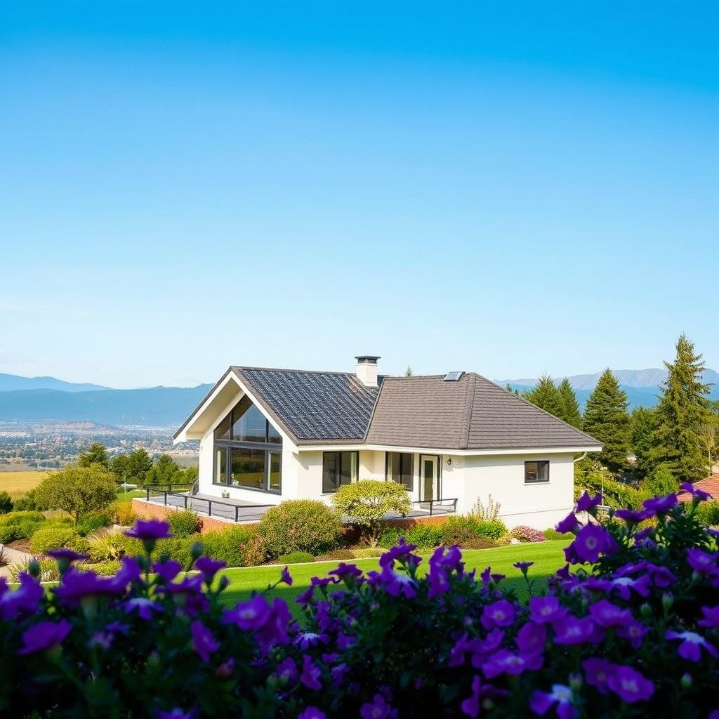 A serene landscape showcasing a beautiful house with a completely installed roof