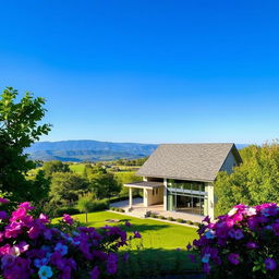 A serene landscape showcasing a beautiful house with a completely installed roof