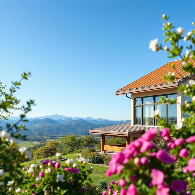 A serene landscape showcasing a beautiful house with a completely installed roof