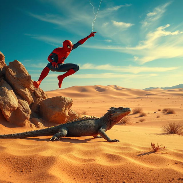 A dynamic scene featuring a Komodo dragon crawling through a vast, sunlit desert landscape, showcasing the texture of the sand and sparse vegetation