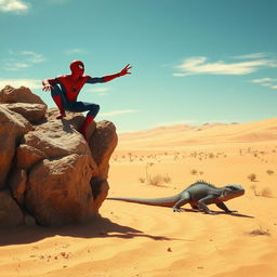 A dynamic scene featuring a Komodo dragon crawling through a vast, sunlit desert landscape, showcasing the texture of the sand and sparse vegetation