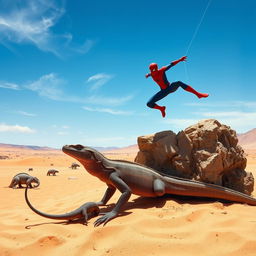 A dynamic scene featuring a Komodo dragon crawling through a vast, sunlit desert landscape, showcasing the texture of the sand and sparse vegetation