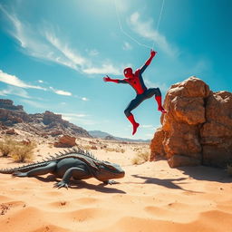 A dynamic scene featuring a Komodo dragon crawling through a vast, sunlit desert landscape, showcasing the texture of the sand and sparse vegetation