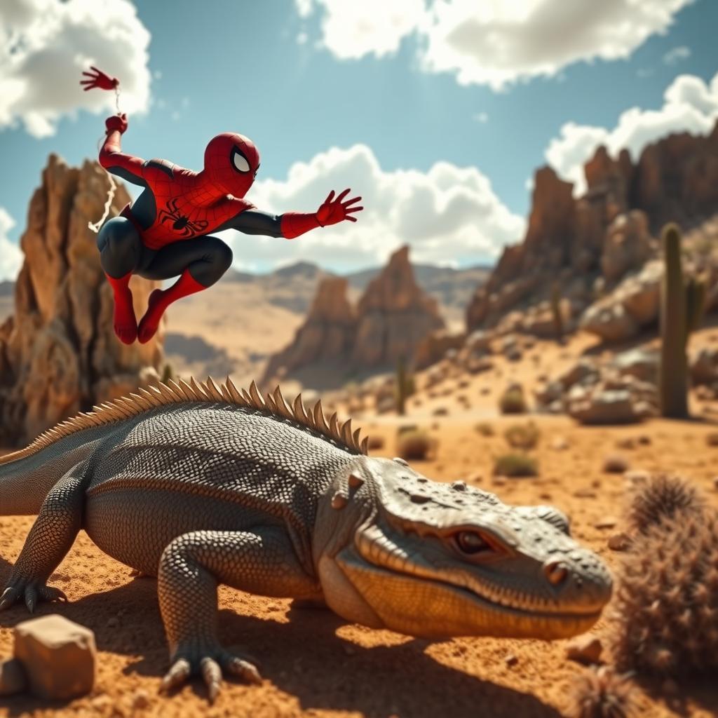 A thrilling scene depicting a Komodo dragon crawling through a sun-drenched desert landscape, with its textured scales glistening under the sunlight