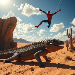 A thrilling scene depicting a Komodo dragon crawling through a sun-drenched desert landscape, with its textured scales glistening under the sunlight