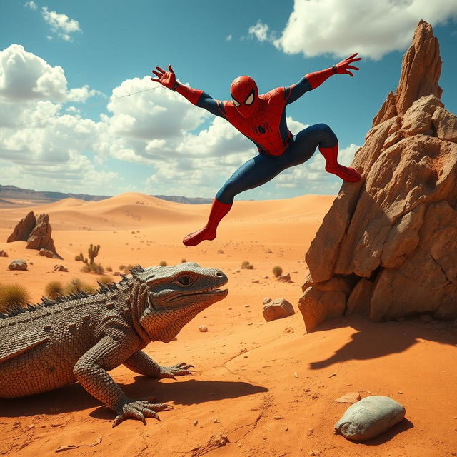 A thrilling scene depicting a Komodo dragon crawling through a sun-drenched desert landscape, with its textured scales glistening under the sunlight