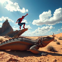 A thrilling scene depicting a Komodo dragon crawling through a sun-drenched desert landscape, with its textured scales glistening under the sunlight