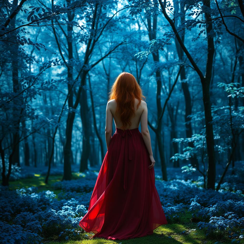 A red-haired woman standing with her back to the viewer, lost in a dense, enchanting blue forest
