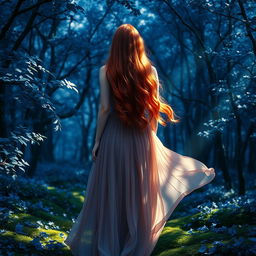 A red-haired woman standing with her back to the viewer, lost in a dense, enchanting blue forest