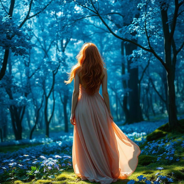 A red-haired woman standing with her back to the viewer, lost in a dense, enchanting blue forest