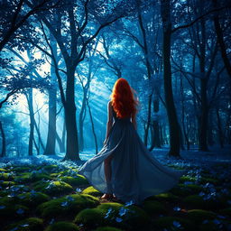 A red-haired woman standing with her back to the viewer, lost in a dense, enchanting blue forest