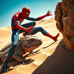 An intense scene featuring a Komodo dragon crawling through a bright, arid desert landscape, showcasing the intricate details of its scaly skin and the sandy terrain