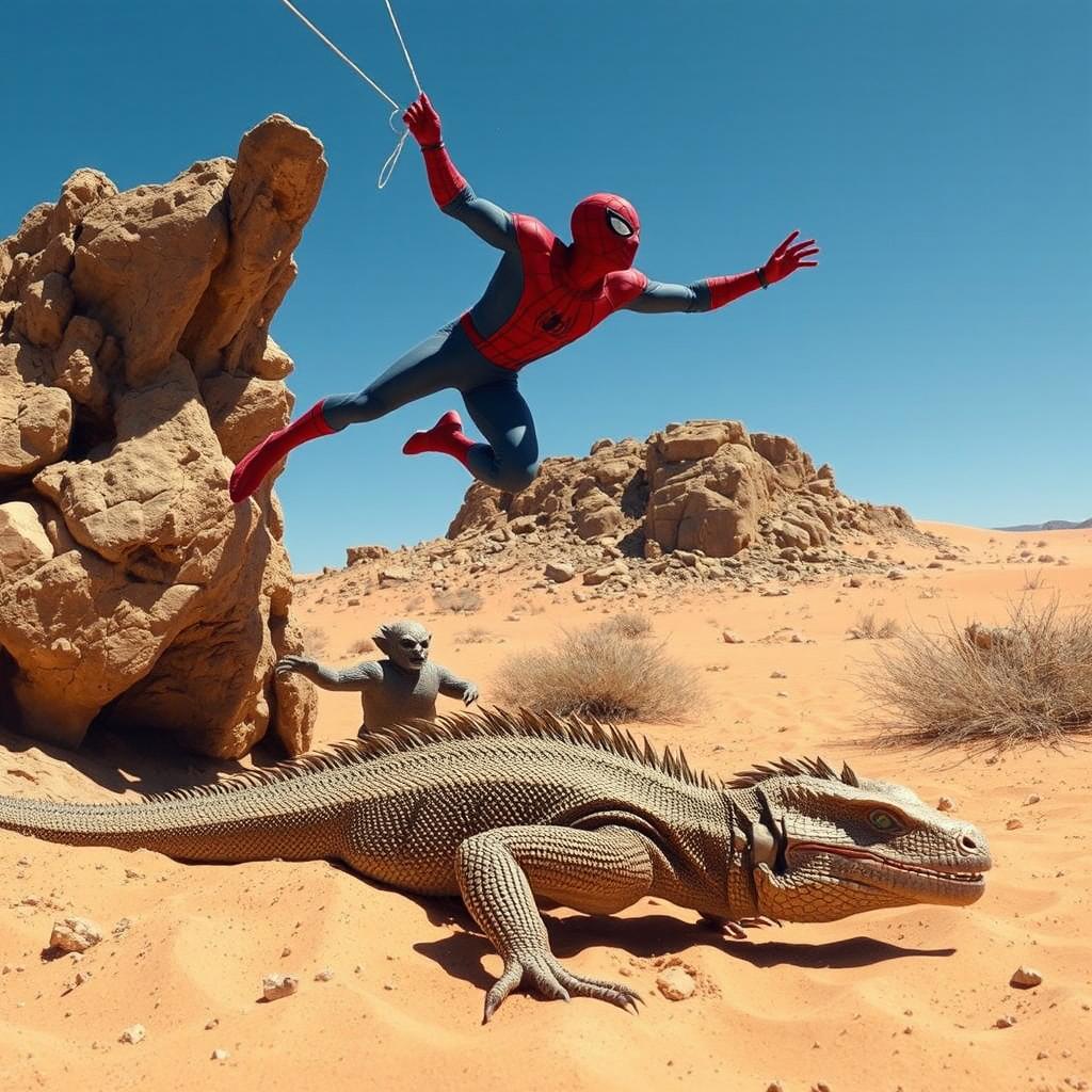 An intense scene featuring a Komodo dragon crawling through a bright, arid desert landscape, showcasing the intricate details of its scaly skin and the sandy terrain