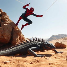 An intense scene featuring a Komodo dragon crawling through a bright, arid desert landscape, showcasing the intricate details of its scaly skin and the sandy terrain