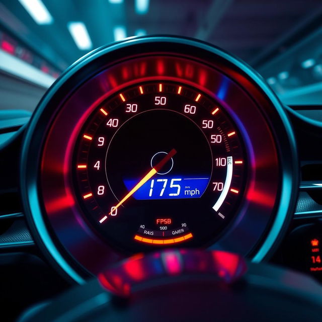 A sleek, futuristic speedometer showing an impressive speed of 175 mph