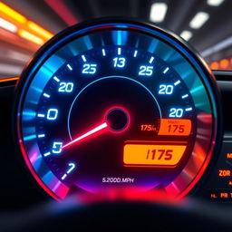 A sleek, futuristic speedometer showing an impressive speed of 175 mph