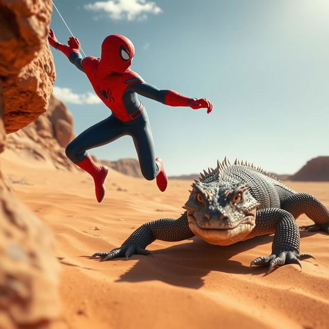 An exciting scene where a Komodo dragon is crawling through a sunlit desert, highlighting the intricate details of its scales and the sandy terrain