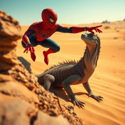An exciting scene where a Komodo dragon is crawling through a sunlit desert, highlighting the intricate details of its scales and the sandy terrain