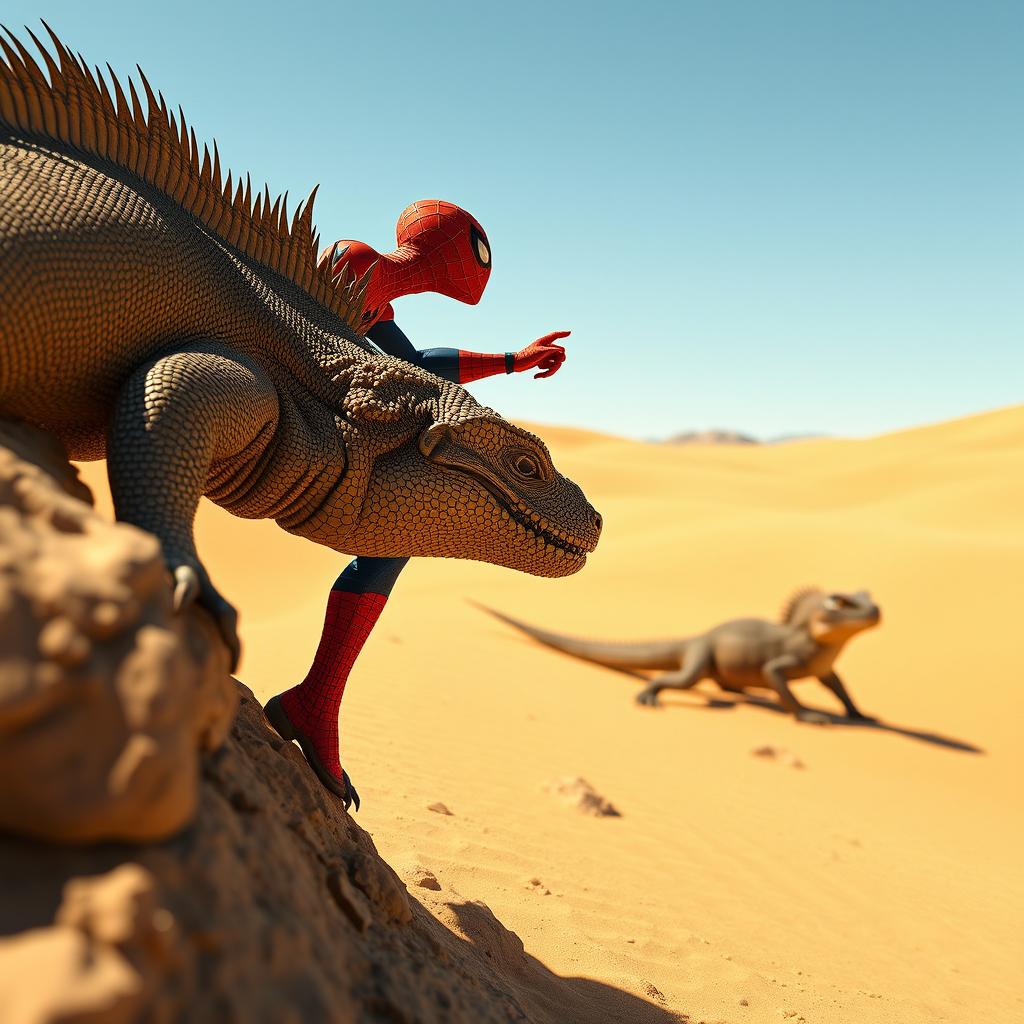 An exciting scene where a Komodo dragon is crawling through a sunlit desert, highlighting the intricate details of its scales and the sandy terrain