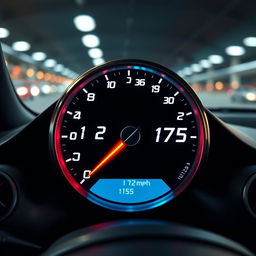 A high-performance speedometer transitioning from 172 mph to 175 mph, with an elegant digital design