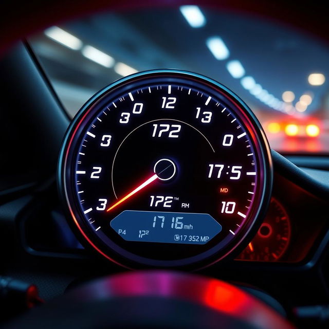 A high-performance speedometer transitioning from 172 mph to 175 mph, with an elegant digital design