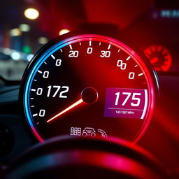 A high-performance speedometer transitioning from 172 mph to 175 mph, with an elegant digital design