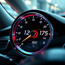 A high-performance speedometer transitioning from 172 mph to 175 mph, with an elegant digital design