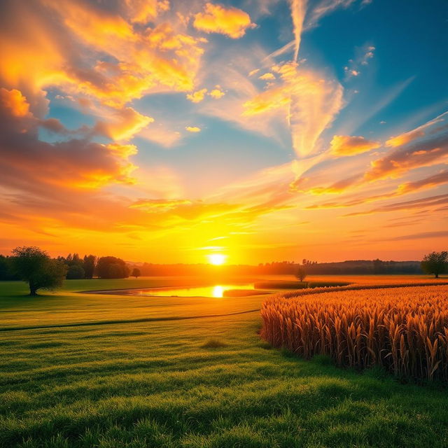 A beautiful sunrise scene symbolizing good morning, health, and wealth with vibrant colors flooding the sky