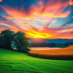 A beautiful sunrise scene symbolizing good morning, health, and wealth with vibrant colors flooding the sky