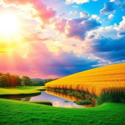 A beautiful sunrise scene symbolizing good morning, health, and wealth with vibrant colors flooding the sky