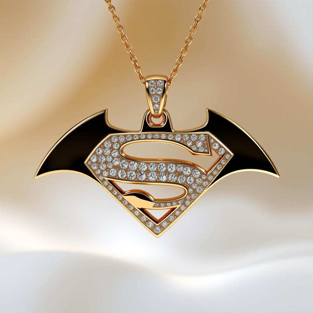 A luxurious and elegant Batman/Superman logo fusion, designed as a gold diamond pendant