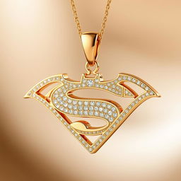 A luxurious and elegant Batman/Superman logo fusion, designed as a gold diamond pendant