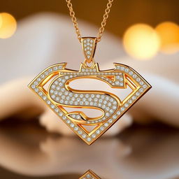 A luxurious and elegant Batman/Superman logo fusion, designed as a gold diamond pendant