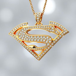A luxurious and elegant Batman/Superman logo fusion, designed as a gold diamond pendant