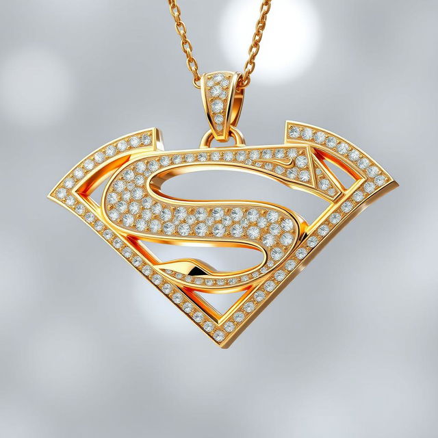 A luxurious and elegant Batman/Superman logo fusion, designed as a gold diamond pendant