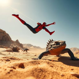 A vivid and dynamic scene showcasing a Komodo dragon crawling through a sunlit desert, highlighting the intricate details of its scaly skin and the sandy ground
