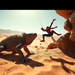 A vivid and dynamic scene showcasing a Komodo dragon crawling through a sunlit desert, highlighting the intricate details of its scaly skin and the sandy ground
